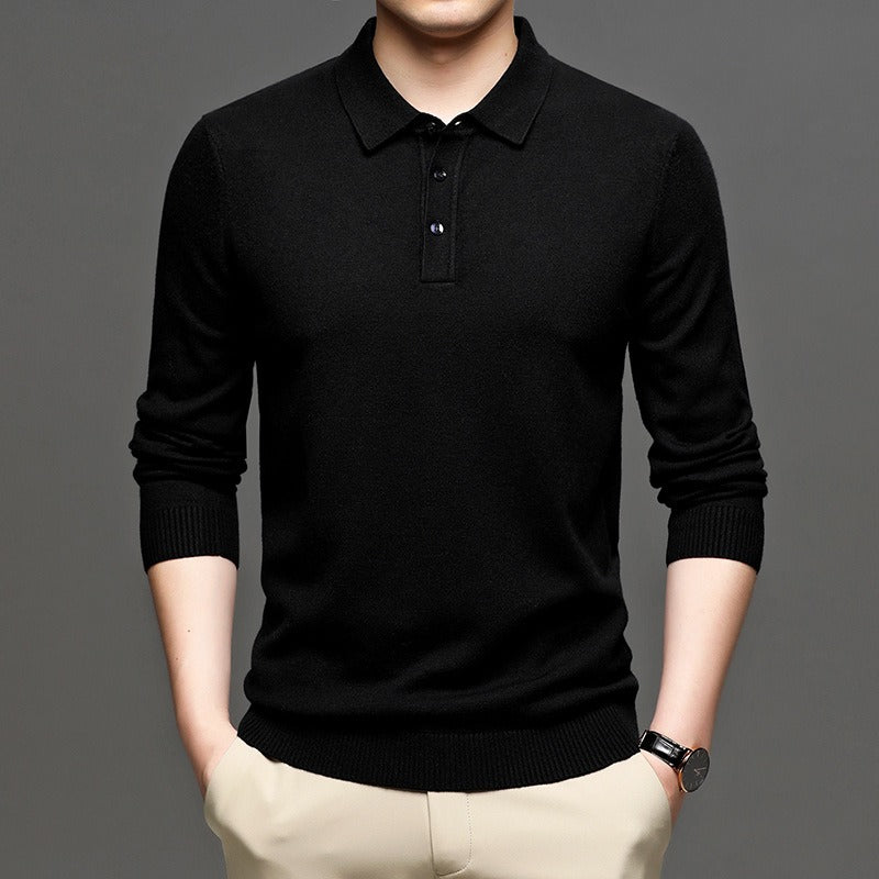 Men's knit pullover sweater with polo collar, black with button placket and ribbed hem