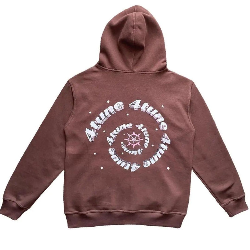 Maroon zip-up hoodie back with circular star logo graphic, hood and full zipper