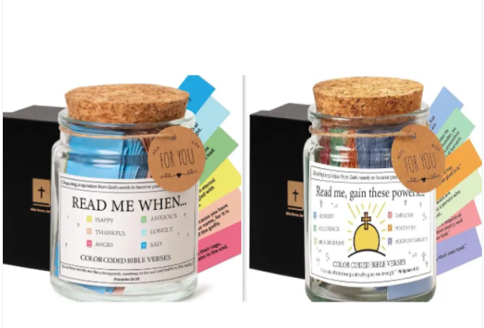 Glass jar with cork lid and 'FOR YOU' tag, 'Read me when' color-coded verse cards.