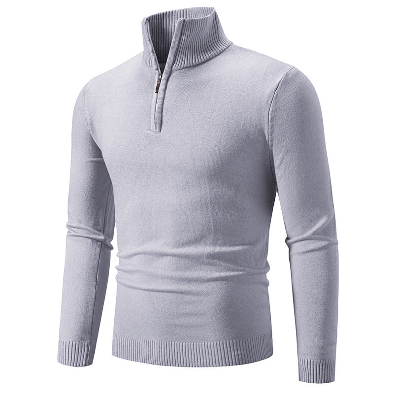 Men's fleece zip mock neck sweater in light gray, front half-zip, ribbed cuffs and hem