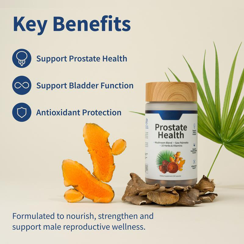 Prostate Health supplement bottle with wood cap beside mushroom and turmeric ingredients