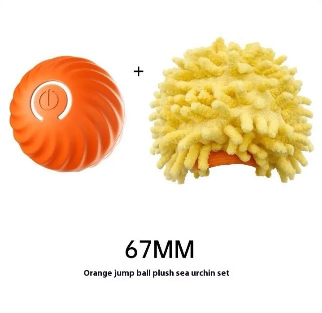 Interactive dog ball toy set: orange ribbed jumping ball with yellow plush sea urchin, 67MM