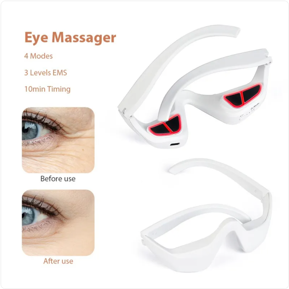 White eye massager set with curved pads and before/after eye inserts