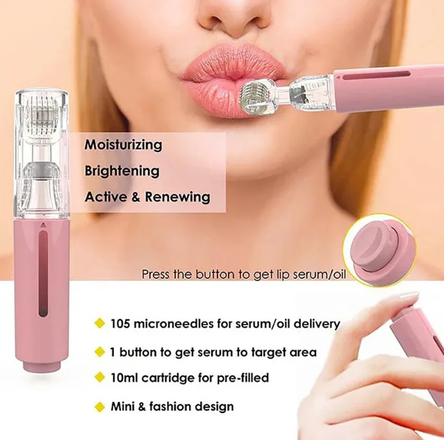 Microneedle lip refiners roller applicator with pink body and circular micro-needle drum