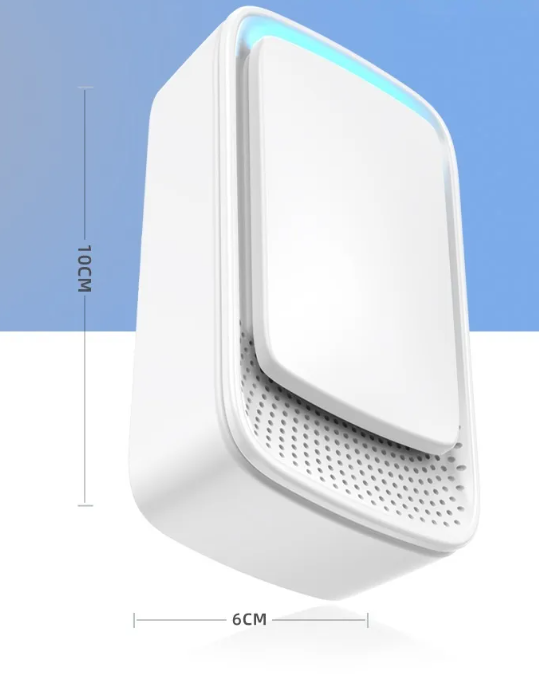 White plug-in air purifier side profile with perforated air-intake base