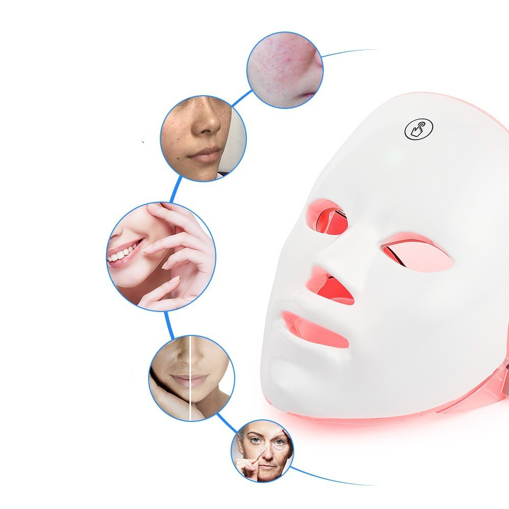 LED face mask with red light effect on facial panels and a curved full-face design