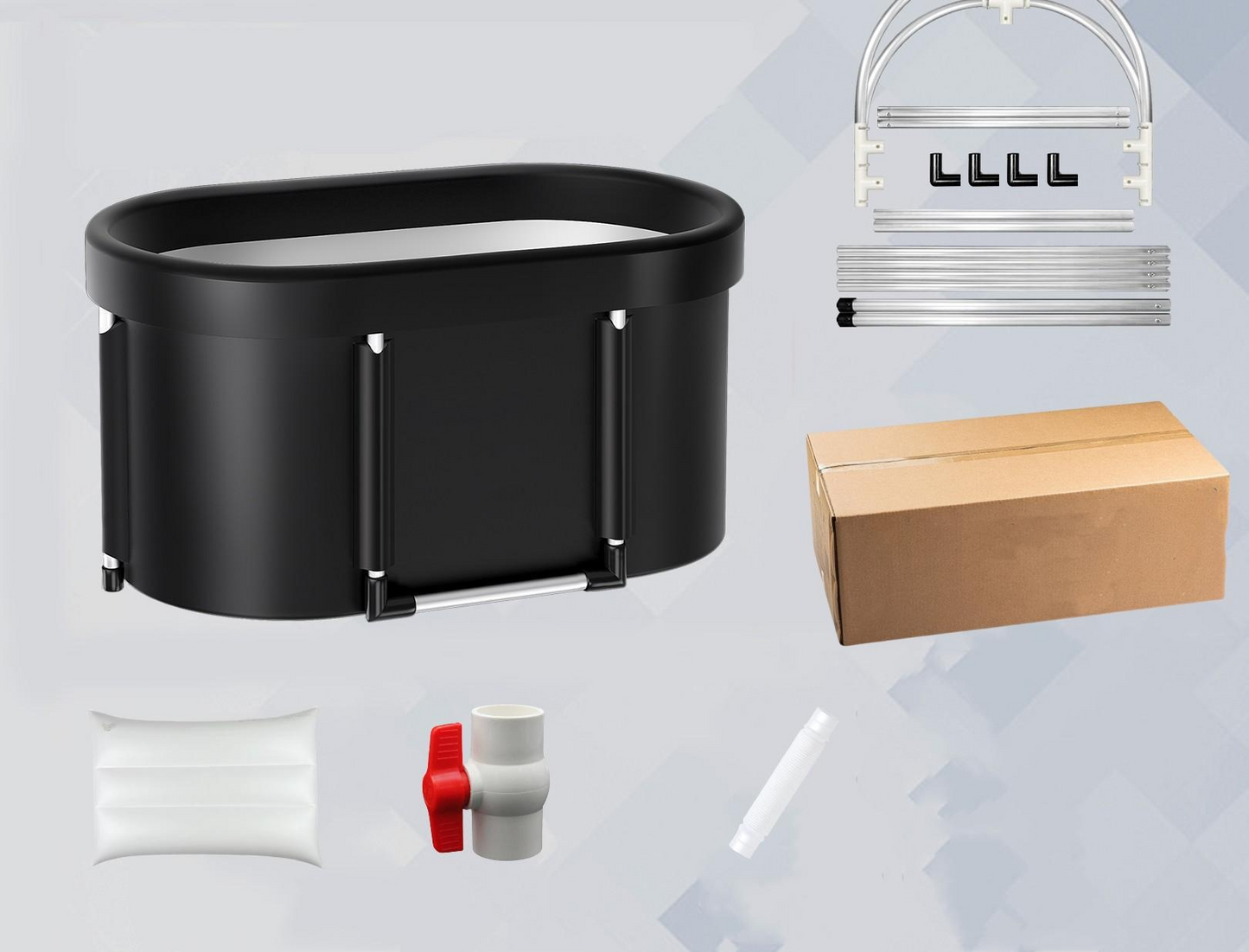 Black portable ice bath tub with accessories: lid, drain parts, and storage cover