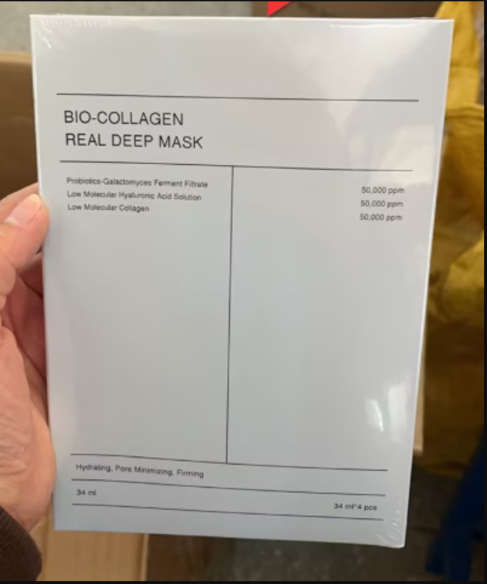 Bio-Collagen Real Deep Mask box back held in hand, ingredient information panel