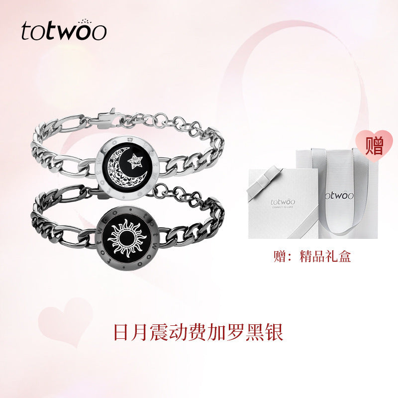 Silver-tone couples smart bracelet set with moon dial and sun dial, linked metal bands