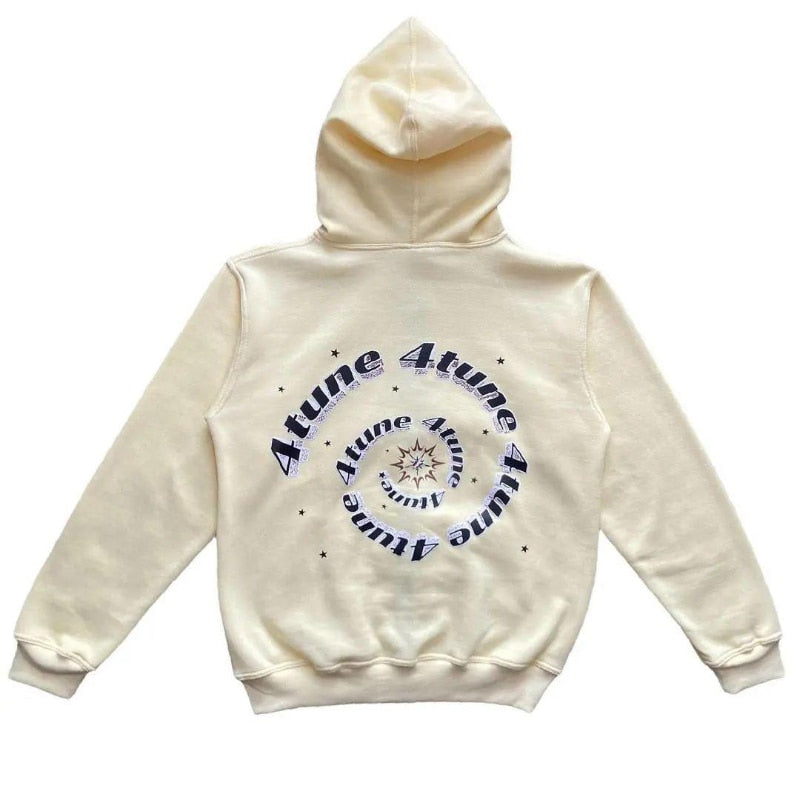 Cream zip-up hoodie back with circular star graphic, hood and full zipper