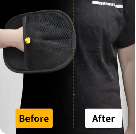 Black pet hair remover glove pad with yellow accent, held against dark shirt