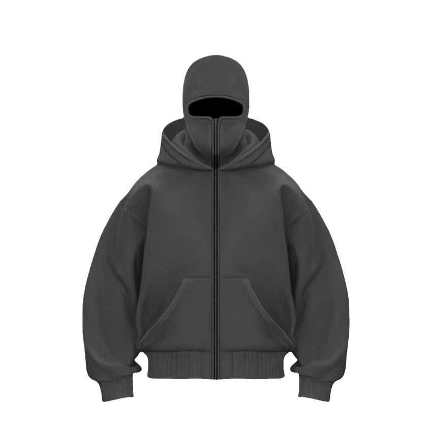 Men's hooded zip-up baseball jacket in dark gray, full front view