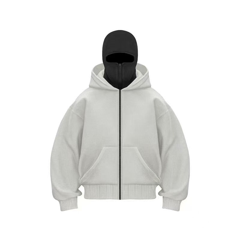 Men's hooded zip-up baseball jacket in light gray, centered front view