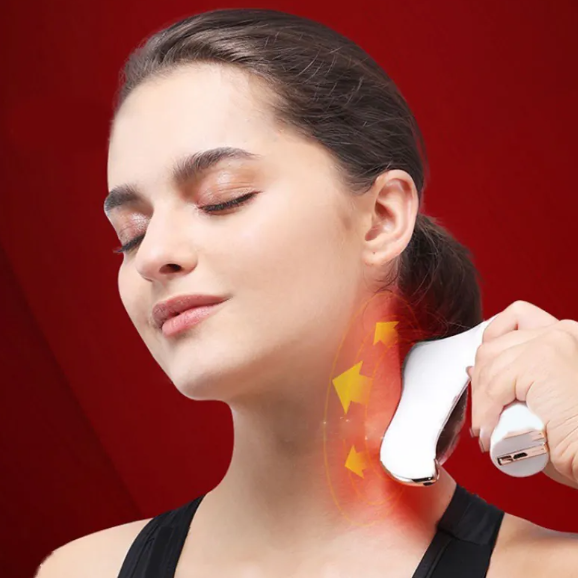 White electric gua sha massager with curved neck-contact head, held in hand