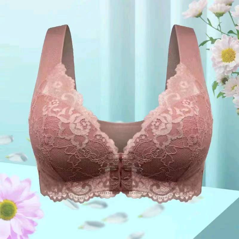 Wireless lace bra in dusty pink, lace cups with scalloped trim, wire-free support