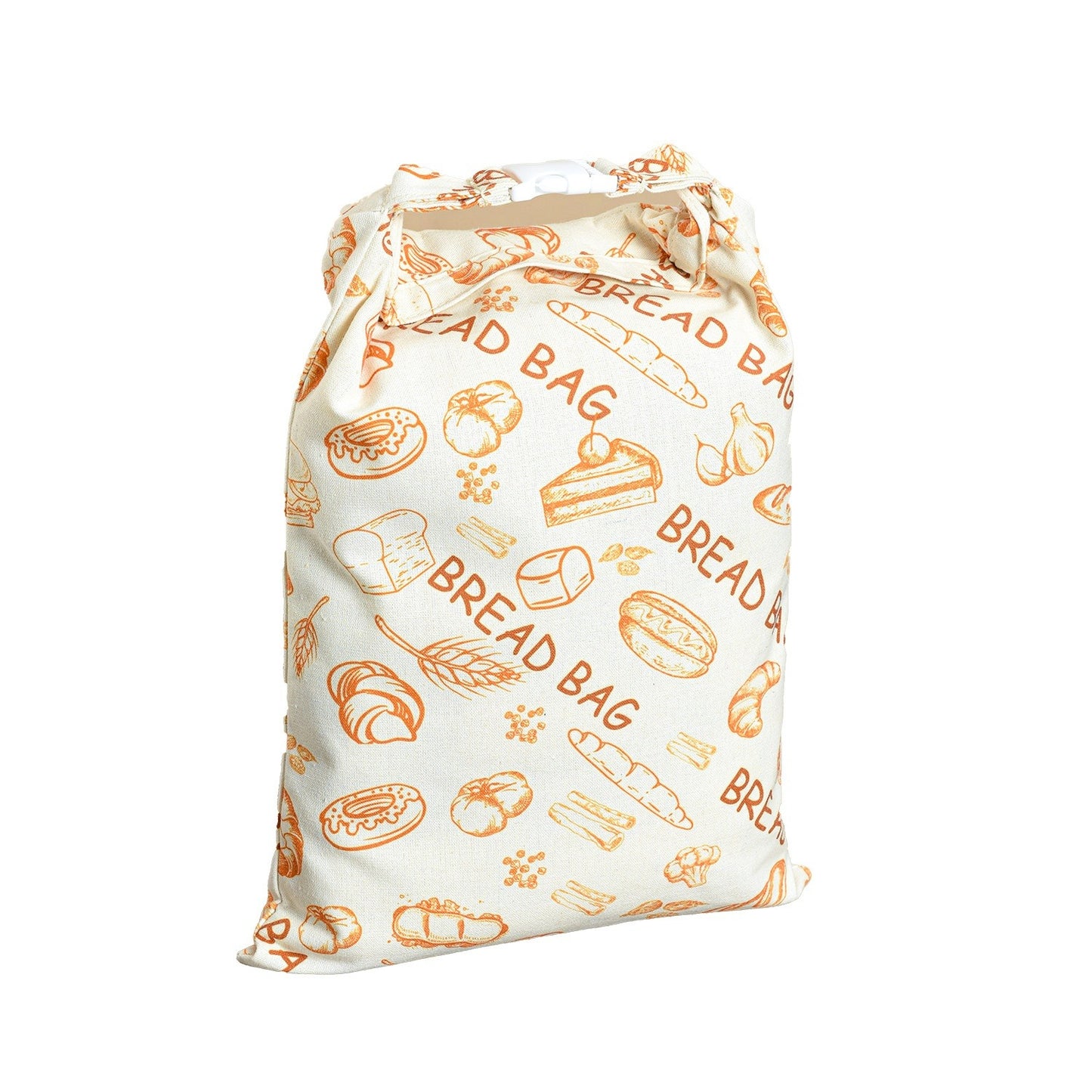 Cotton linen bread bag with orange bread and kitchen icon print and drawstring top.