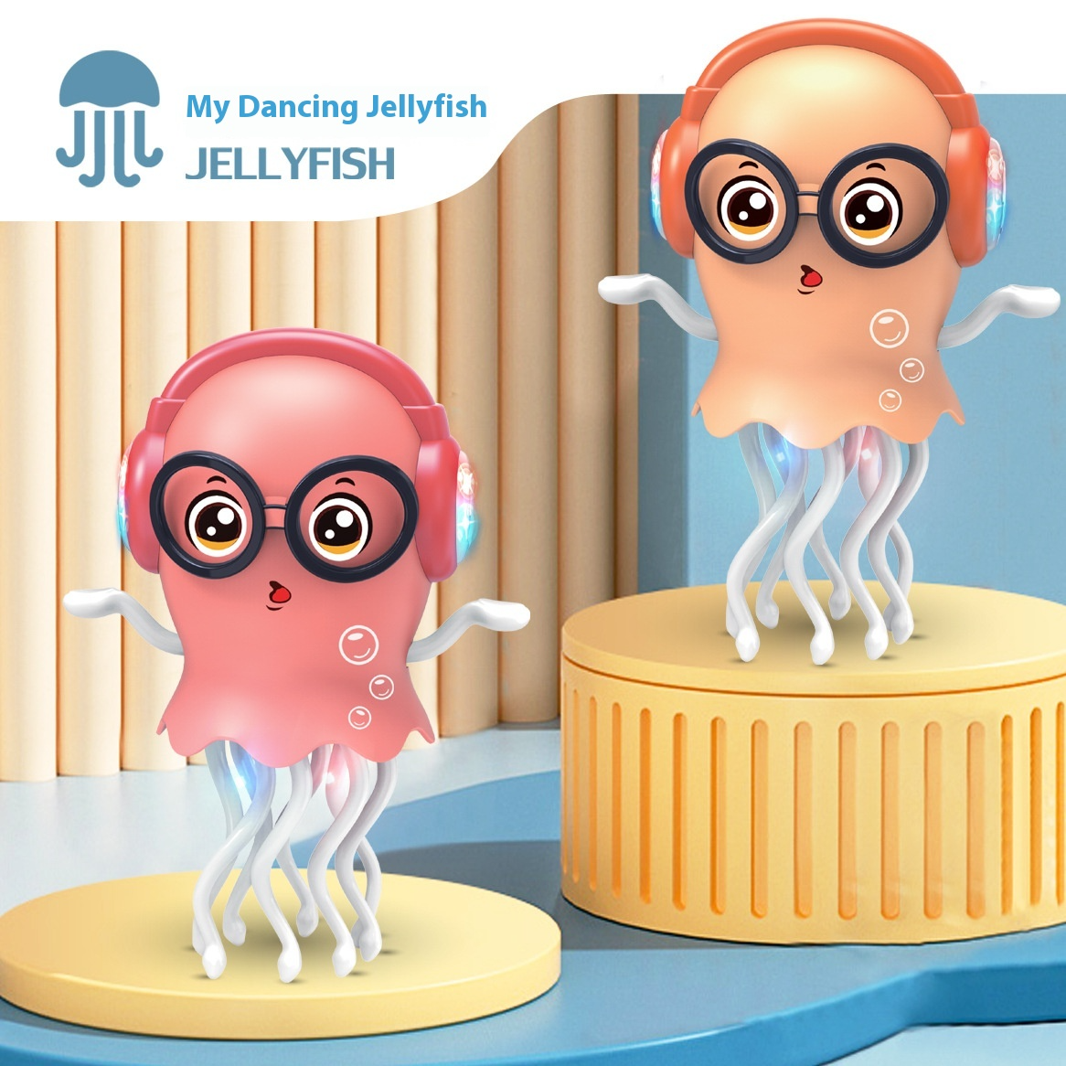 Two dancing jellyfish toys, red and orange, each with goggles and headphones.