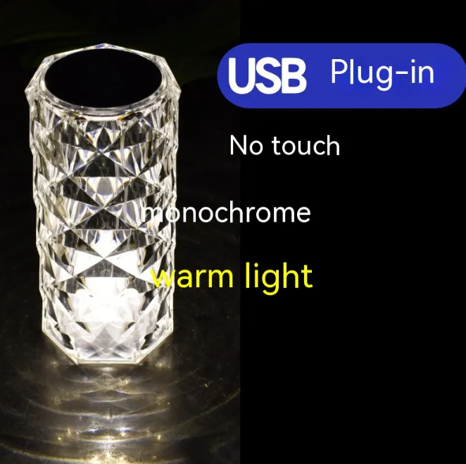 Clear silver faceted crystal rose LED night light, warm light monochrome