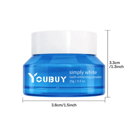YouBUY simply white teeth whitening powder jar with white lid and blue base size markings