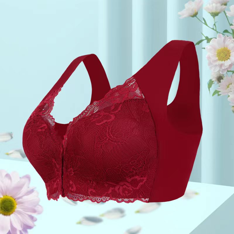 Wireless lace bra in wine red, lace cups with scalloped edging, wire-free comfort