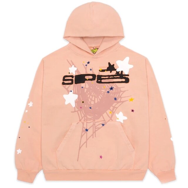 Light pink hoodie with front pocket and spiderweb graphic, stars and lettering on chest