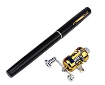 Compact pocket fishing rod with black rod sleeve and gold mini baitcasting reel