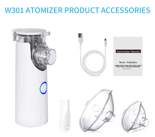 White mesh nebulizer with blue power button, mouth cup, USB cable, and instruction manual.