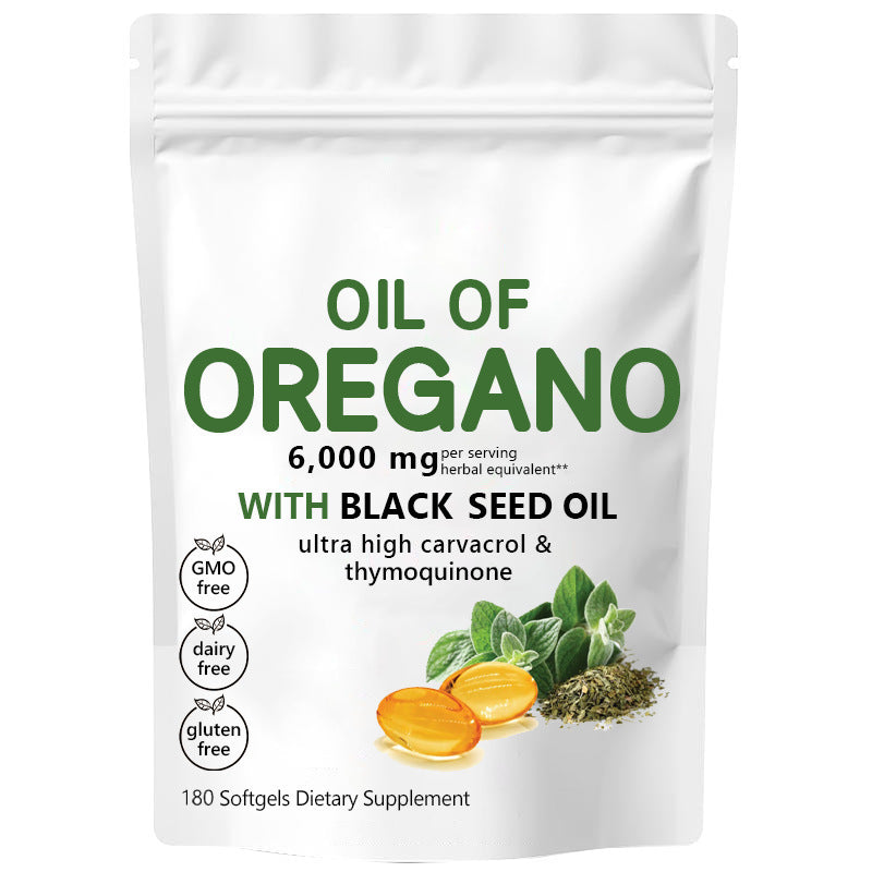 White Oil of Oregano supplement pouch with yellow softgels and oregano leaves