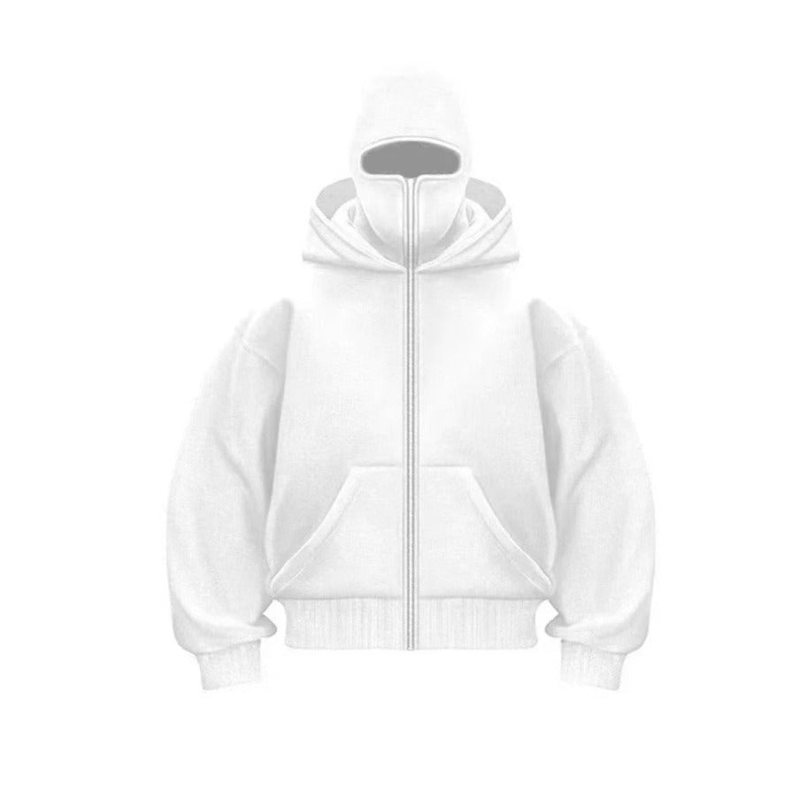 Men's hooded zip-up baseball jacket in white, front zipper with pouch pockets