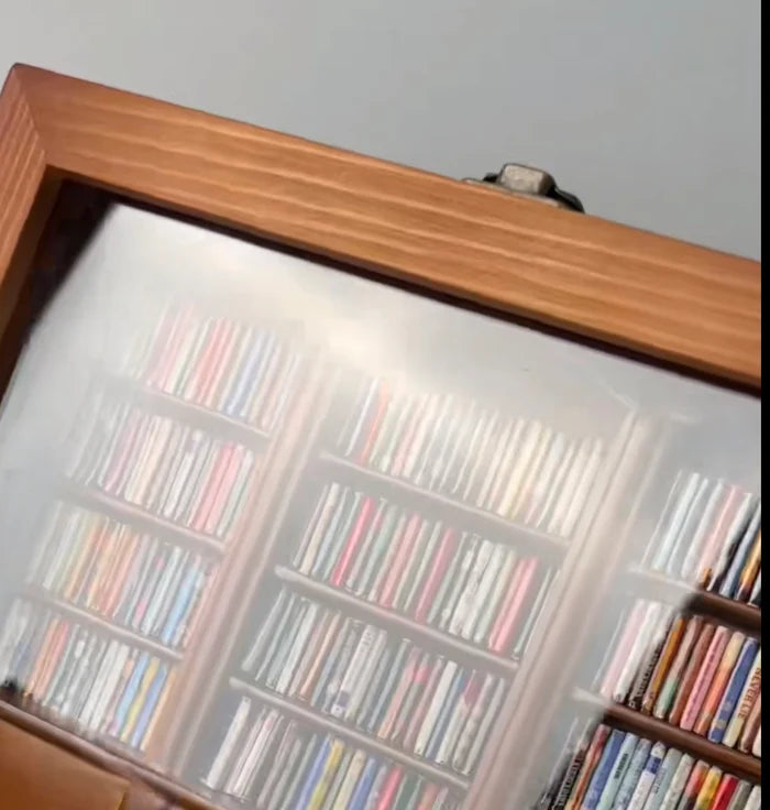 Brown wooden bookcase cabinet with glass door showing books behind frosted glass