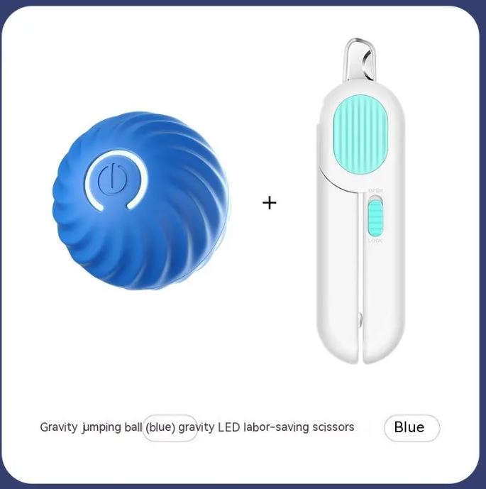 Interactive dog ball toy set: blue ribbed jumping ball with white self-moving device, teal insert