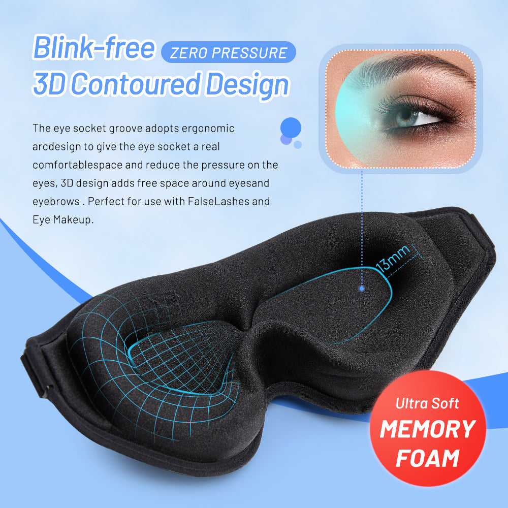 3D contoured memory foam sleep mask with soft dark fabric and curved eye cutouts