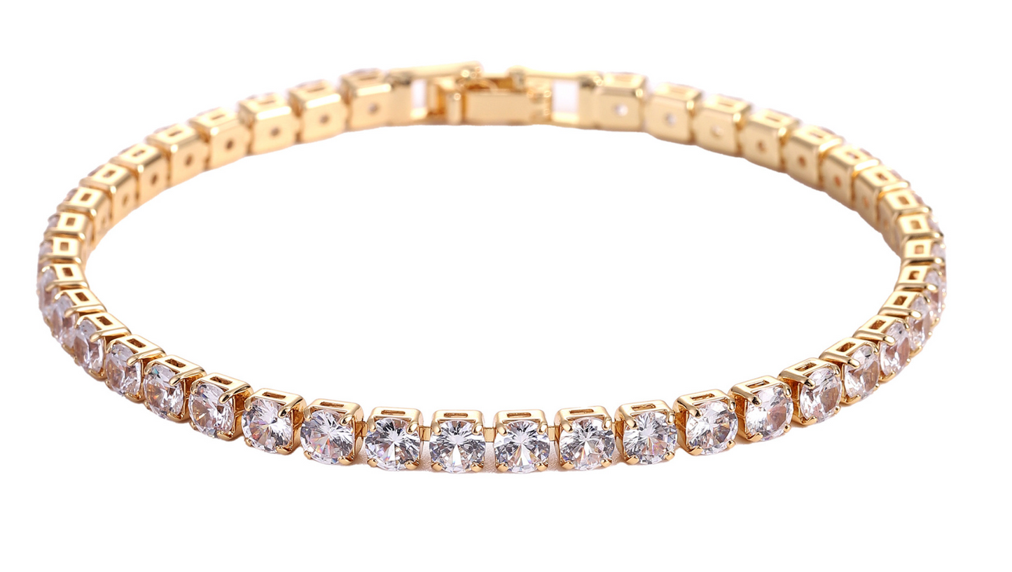 Gold-toned tennis bracelet with clear zircon stones and row links