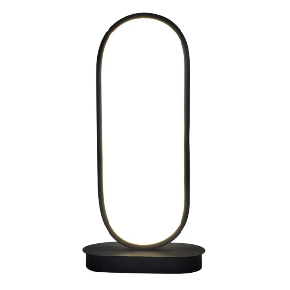LED oval table lamp with black frame and glowing diffuser, round black base