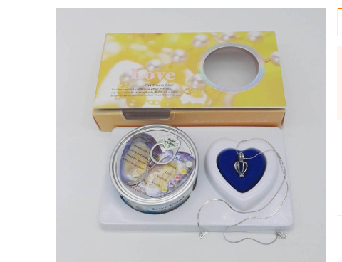 Wish pearl necklace gift set with blue heart pendant, chain, and round keepsake container