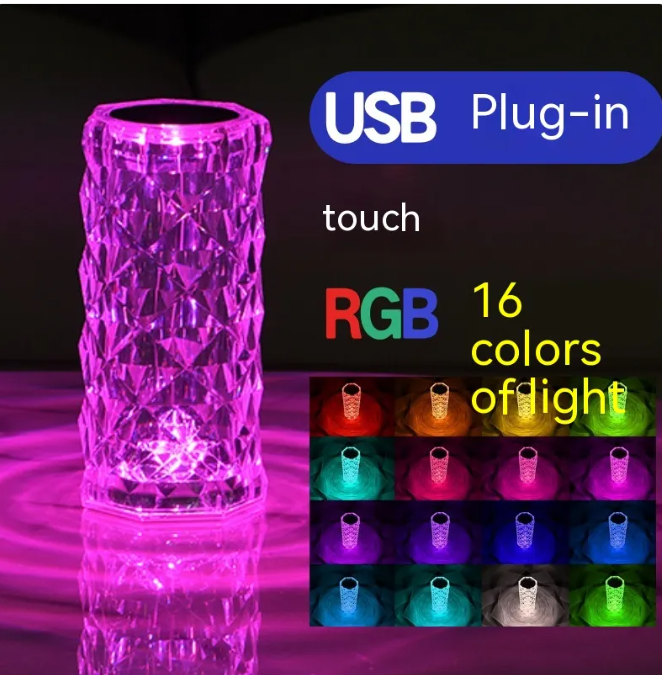 Magenta faceted crystal rose LED night light, cylindrical crystal lantern
