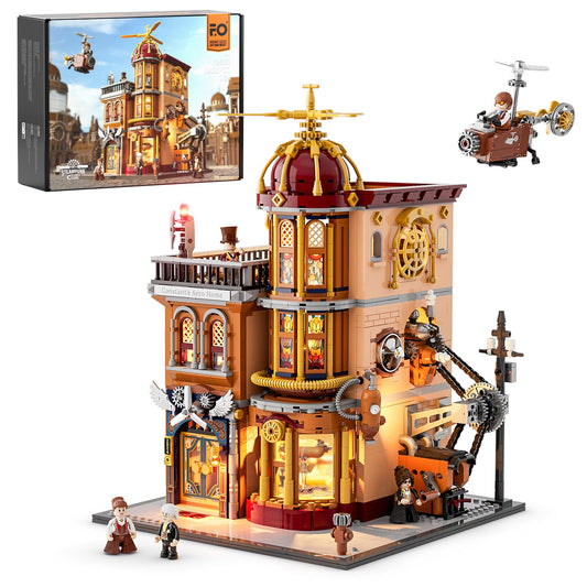 Steampunk lighting building set with multi-story clockwork tower and figures