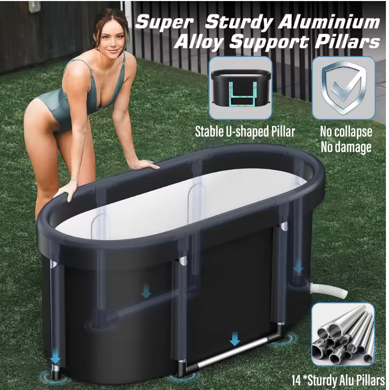 Black insulated ice bath tub with U-shaped aluminum support legs and open top