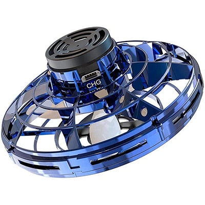 Mini UFO spinner drone toy with blue ring base and black top, ready to spin