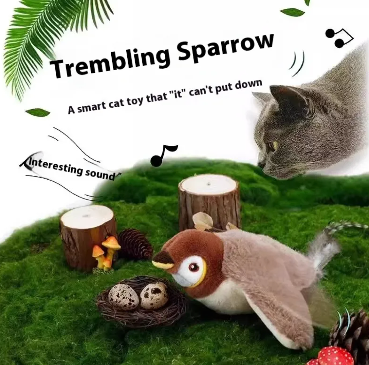 Plush bird cat toy with brown head and white face, with fluffy tail and wings