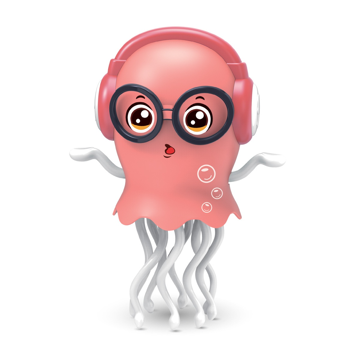 Pink/red dancing jellyfish toy with round goggles and over-ear headphones.