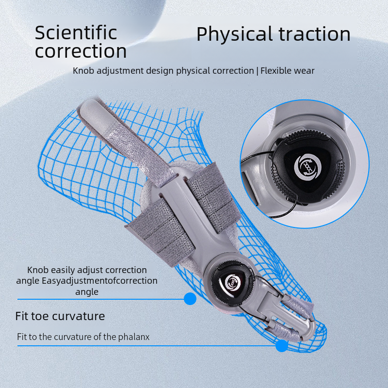 Gray toe alignment brace with toe separator strap and adjustable traction knob