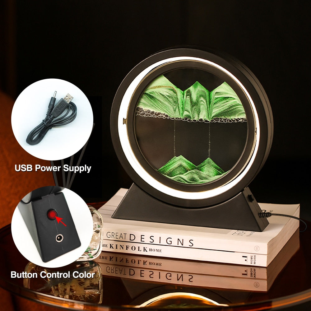 Sand art landscape table lamp with glowing ring, green sand waterfall landscape