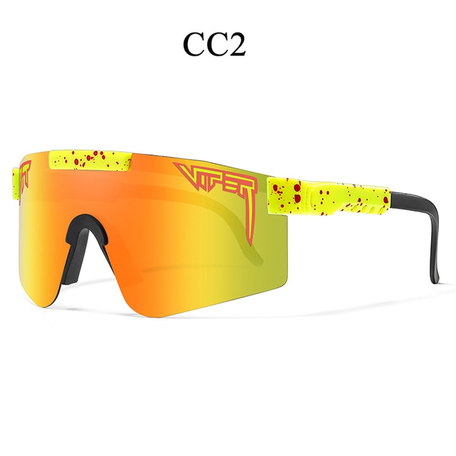 Sporty wrap sunglasses with orange mirror shield lens, lime green frame, speckled temple