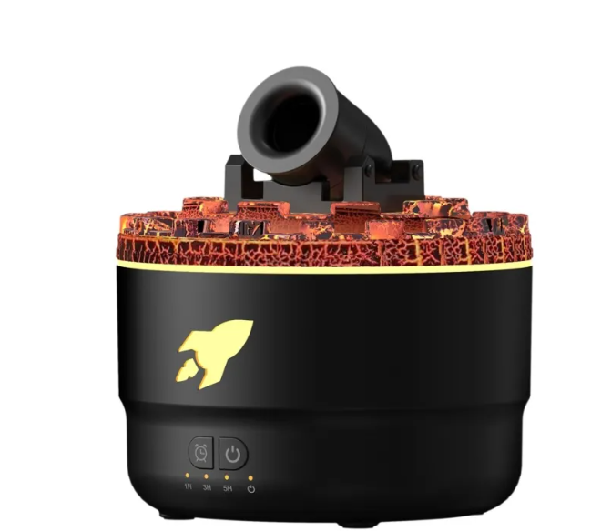 Black ultrasonic humidifier with lava-style crack texture, nozzle, and yellow night light indicator