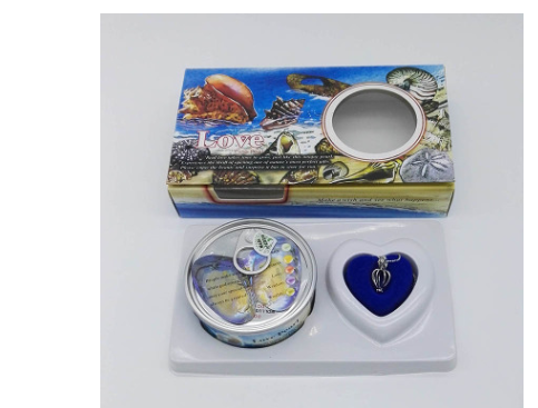 Wish pearl necklace gift set with blue heart pendant and round keepsake container