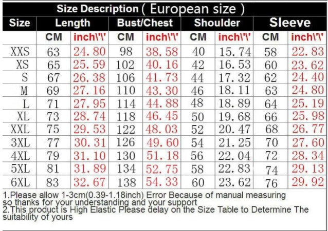 Size chart for European sizes with length, bust/chest, shoulder, and sleeve measurements