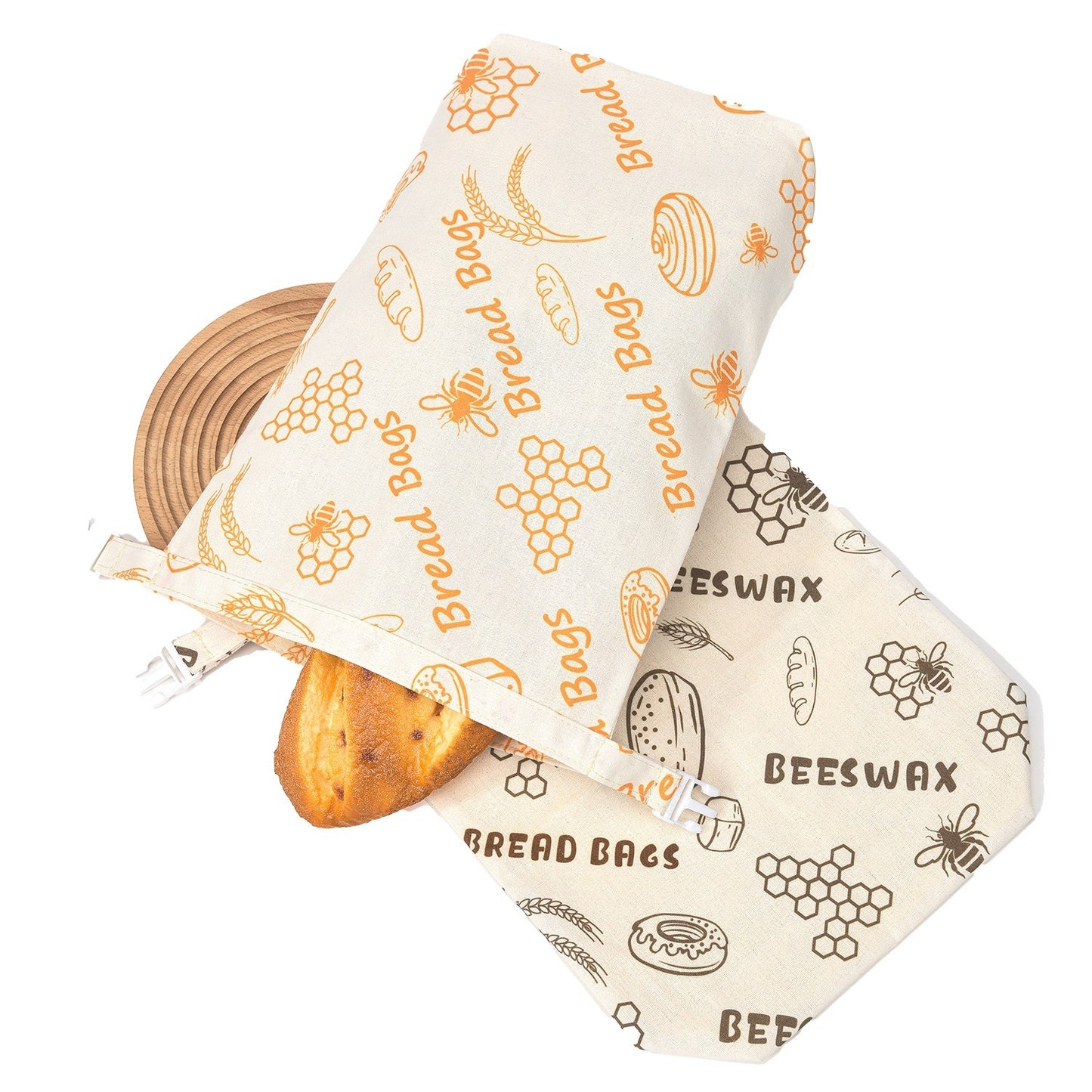Cotton linen bread bag, cream with beeswax and hexagon motifs; folded drawstring top