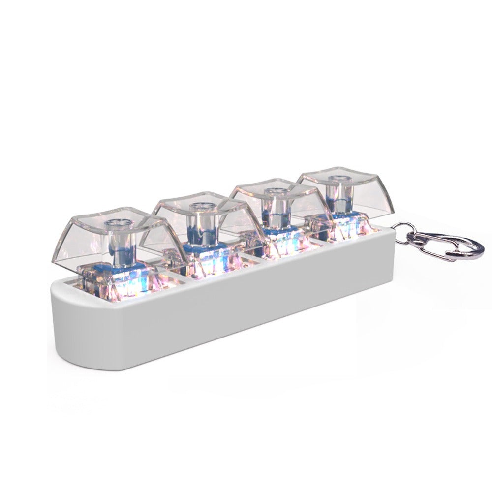 LED switch tester fidget toy with keychain, light gray base and clear LED caps