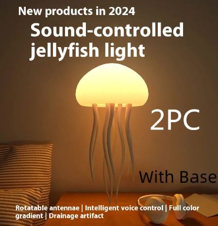 Two-pack jellyfish mood lamps with glowing silicone domes and tentacles, with base